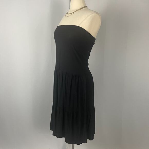 Boho Midi Dress Size Large Black Solid Strapless Tiered Broomstick Fairy Grunge - Picture 6 of 14